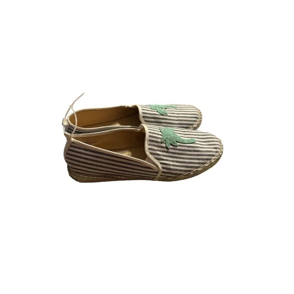 Talbots Womens Striped Espadrille Flats With Green Beaded Palm Tree Design Size